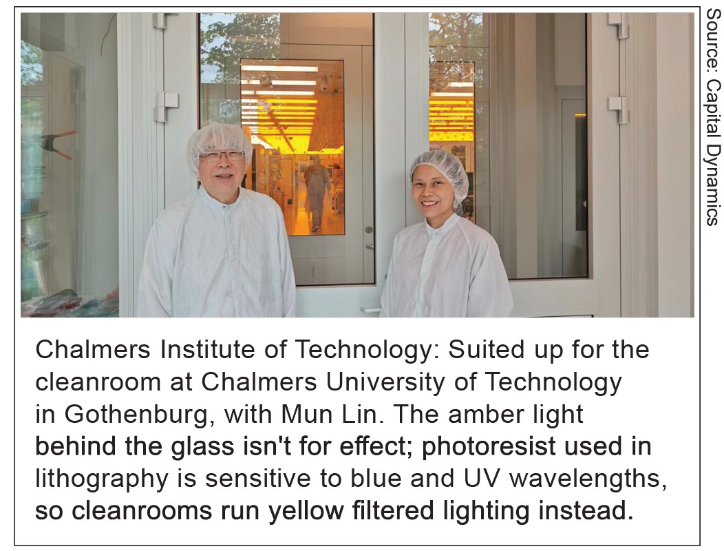 Chalmers Institute of Technology: Suited up for the cleanroom at Chalmers University of Technology in Gothenburg, with Mun Lin. The amber light behind the glass isn't for effect; photoresist used in lithography is sensitive to blue and UV wavelengths, so cleanrooms run yellow filtered lighting instead.